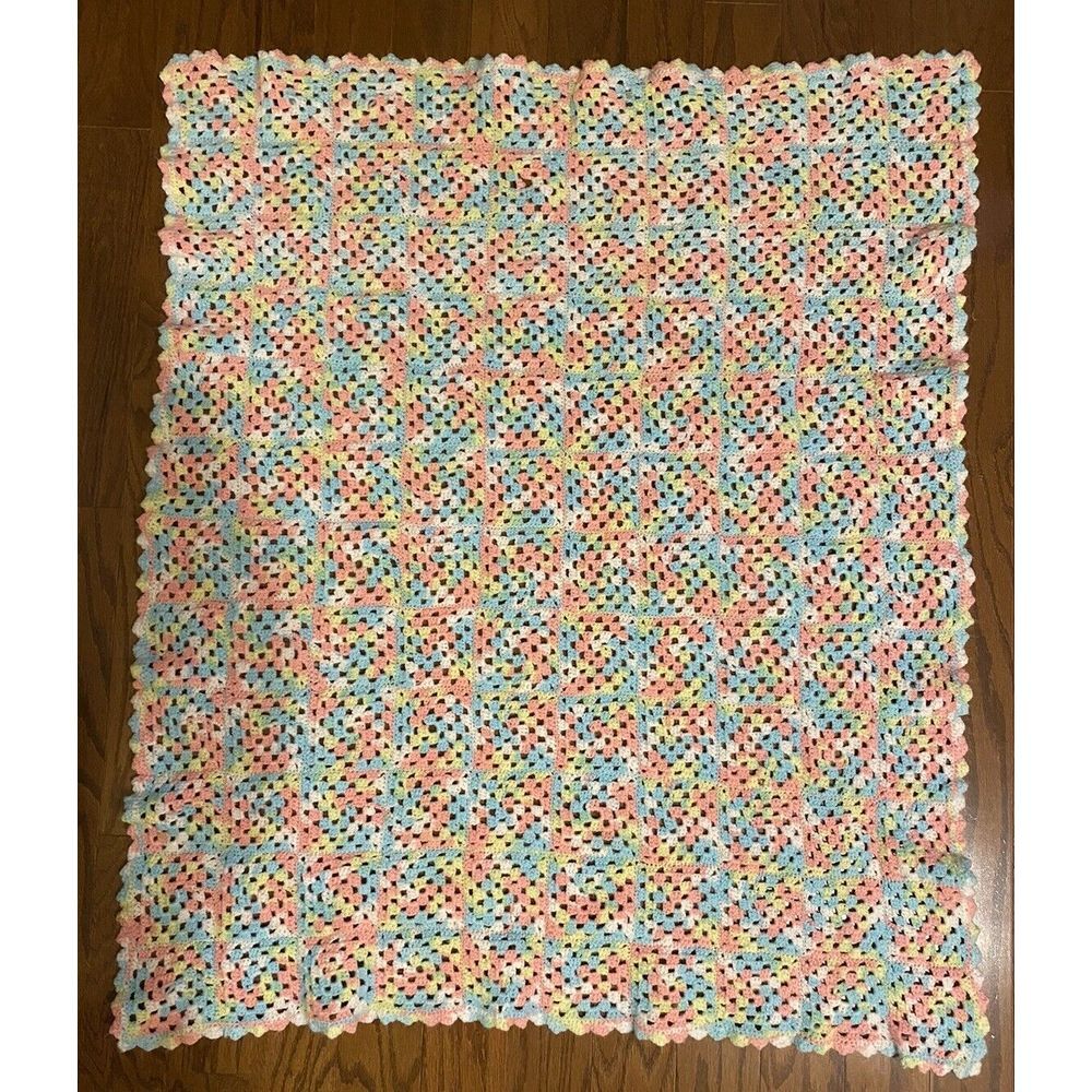 Vintage Hand-Knit Crochet Afghan Blanket Throw Pink Blue Yellow White 36" x 30"‎